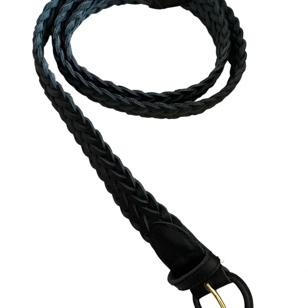 Black Braided Leather Belt with Gold Buckle Sz L